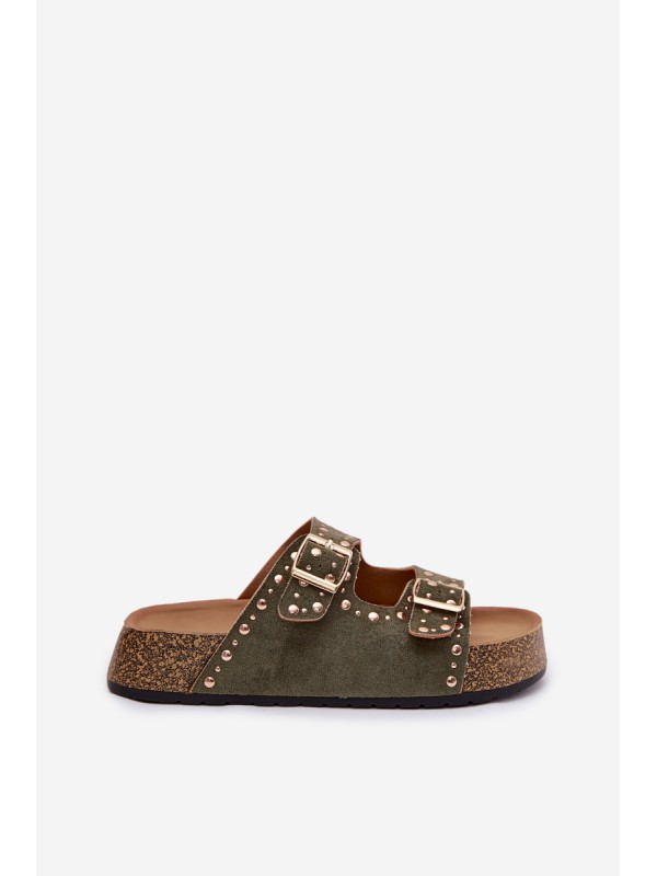 Women's Flat Dark Green Tervina Slippers With Gold Clips and Rivets