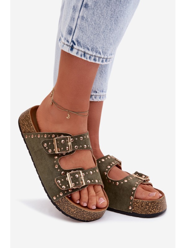 Women's Flat Dark Green Tervina Slippers With Gold Clips and Rivets
