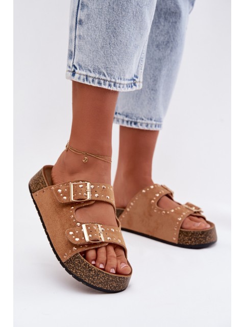 Women's Flat Yellow Slides With Gold Clips And Rivets Camel Tervina