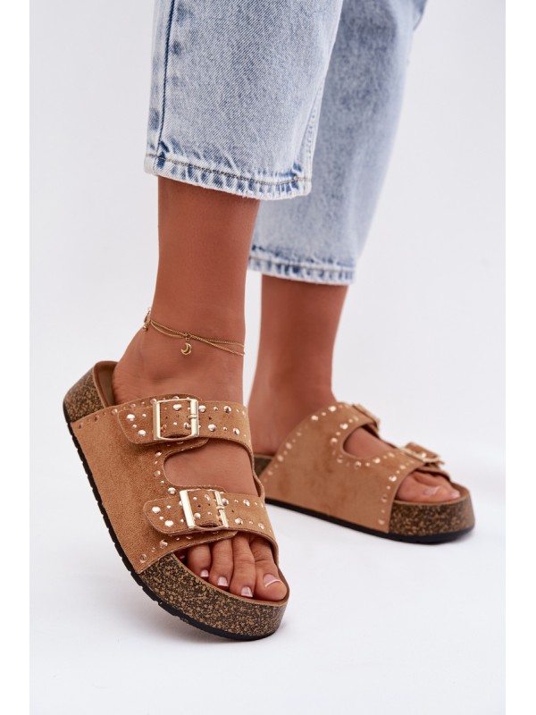 Women's Flat Yellow Slides With Gold Clips And Rivets Camel Tervina