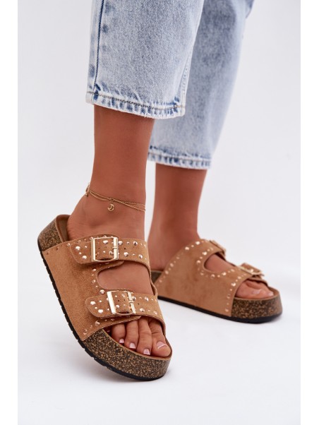 Women's Flat Yellow Slides With Gold Clips And Rivets Camel Tervina