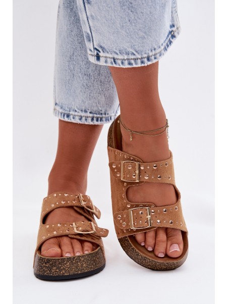 Women's Flat Yellow Slides With Gold Clips And Rivets Camel Tervina