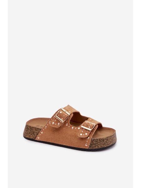 Women's Flat Yellow Slides With Gold Clips And Rivets Camel Tervina