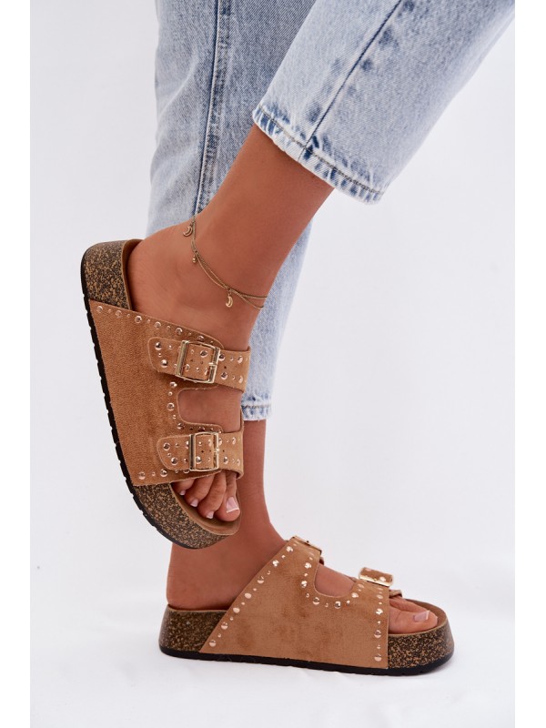 Women's Flat Yellow Slides With Gold Clips And Rivets Camel Tervina