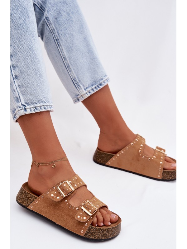 Women's Flat Yellow Slides With Gold Clips And Rivets Camel Tervina