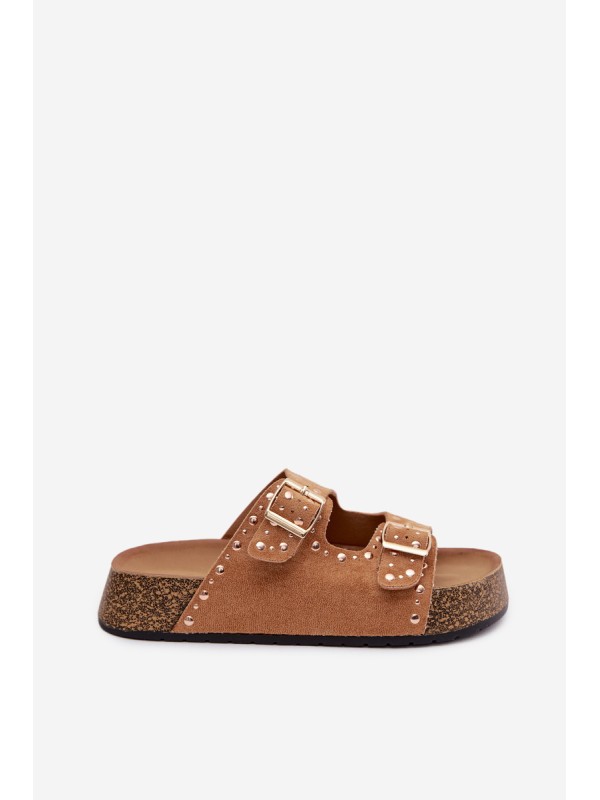Women's Flat Yellow Slides With Gold Clips And Rivets Camel Tervina
