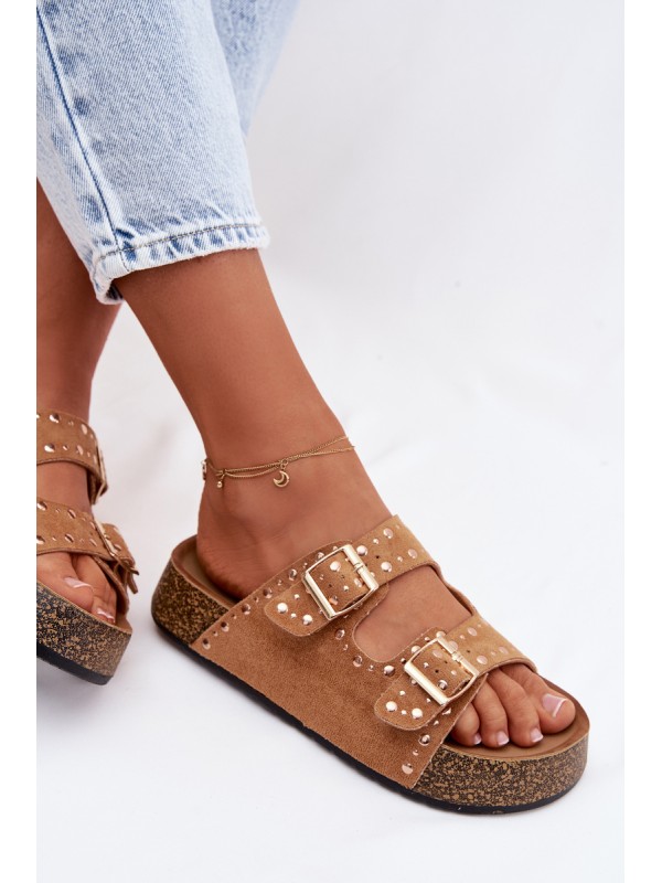 Women's Flat Yellow Slides With Gold Clips And Rivets Camel Tervina