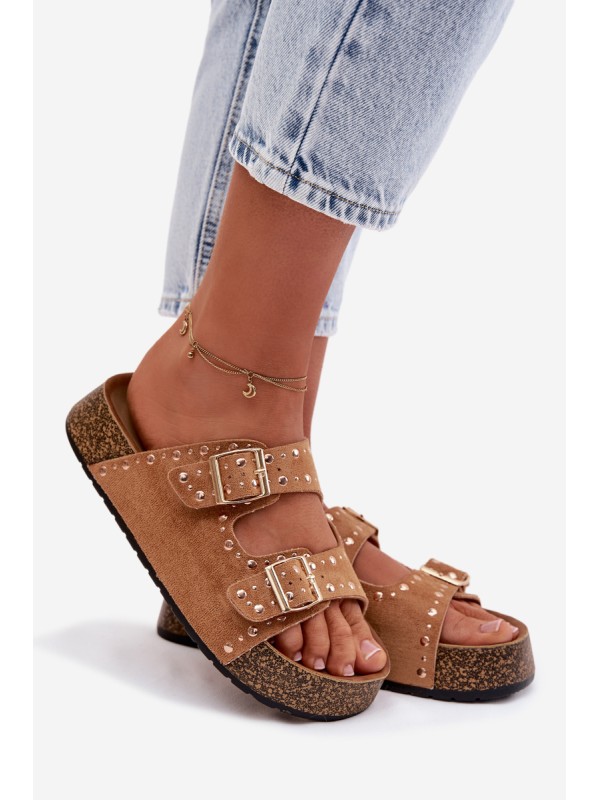 Women's Flat Yellow Slides With Gold Clips And Rivets Camel Tervina