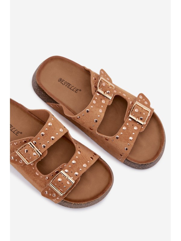 Women's Flat Yellow Slides With Gold Clips And Rivets Camel Tervina