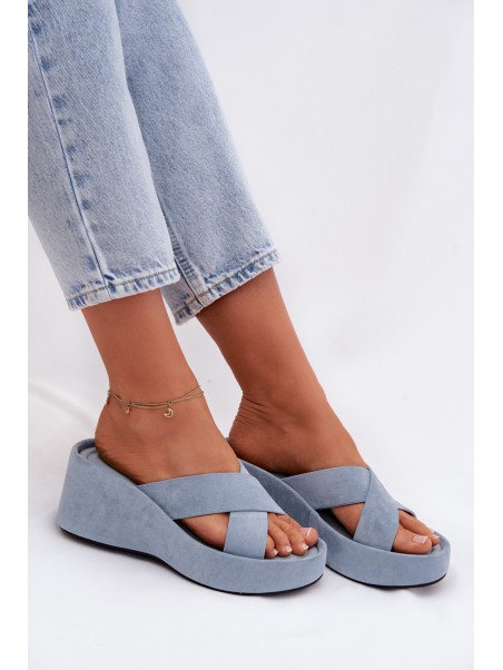 Women's Platform Slippers Made of Eco Suede Blue Calorine