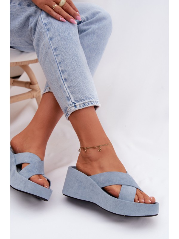 Women's Platform Slippers Made of Eco Suede Blue Calorine
