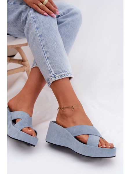 Women's Platform Slippers Made of Eco Suede Blue Calorine