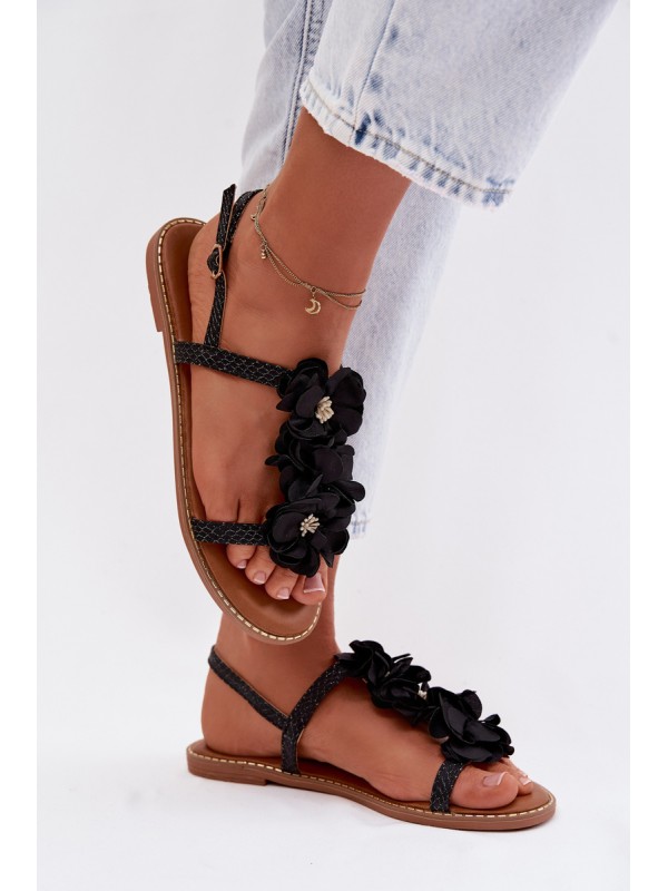 Women's Flat Sandals With Decorative Flowers Black Noemia