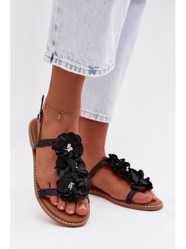 Women's Flat Sandals With Decorative Flowers Black Noemia