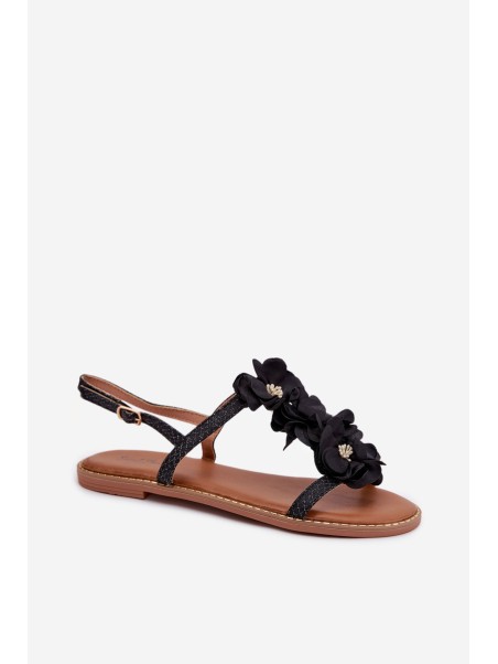 Women's Flat Sandals With Decorative Flowers Black Noemia