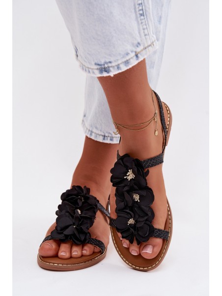 Women's Flat Sandals With Decorative Flowers Black Noemia