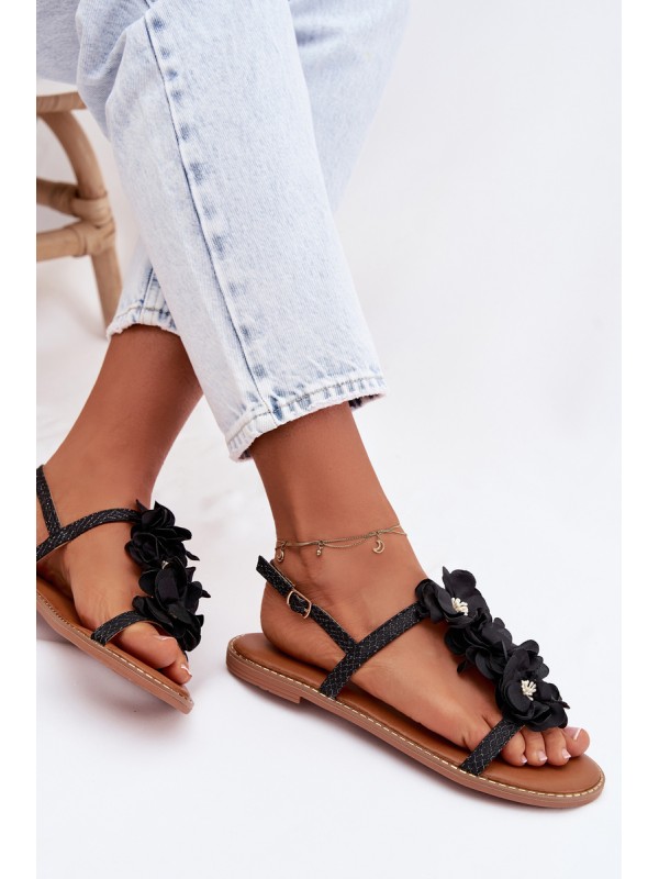 Women's Flat Sandals With Decorative Flowers Black Noemia