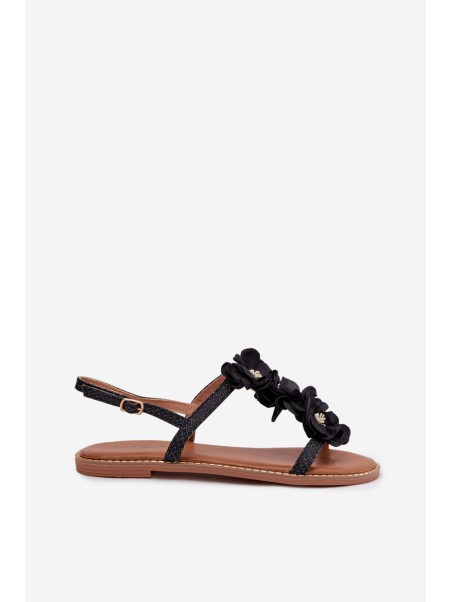Women's Flat Sandals With Decorative Flowers Black Noemia