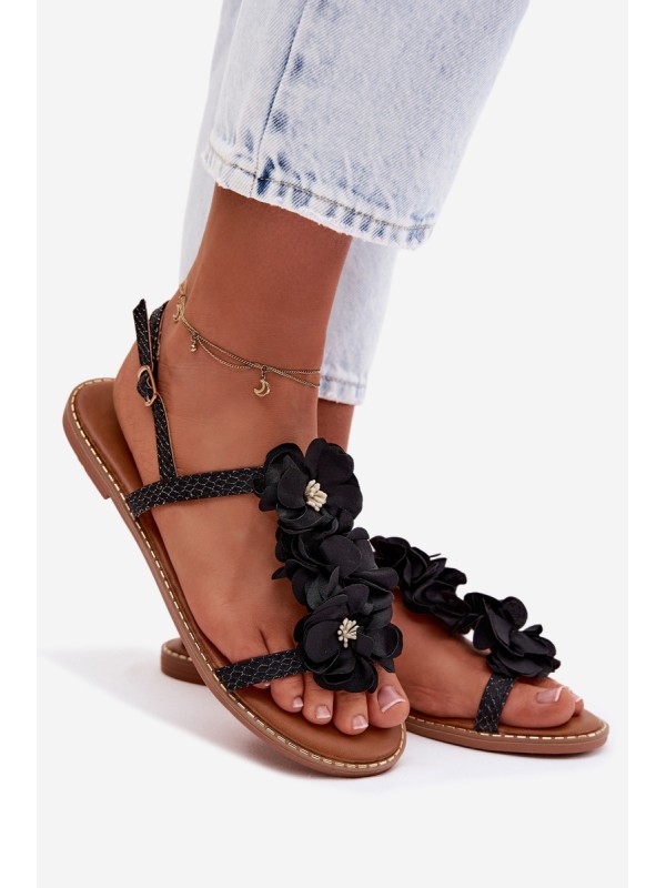Women's Flat Sandals With Decorative Flowers Black Noemia