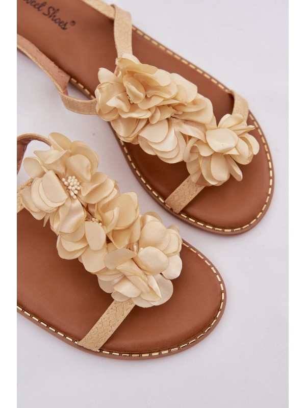 Moteriškos plokščios basutės su dekoratyvinėmis gėlėmis, auksinės spalvos Noemia