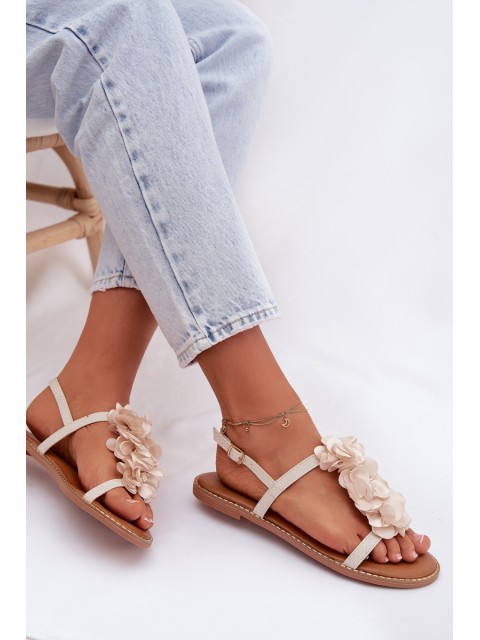 Women's Flat Sandals With Decorative Flowers Jasnobeżowe Noemia