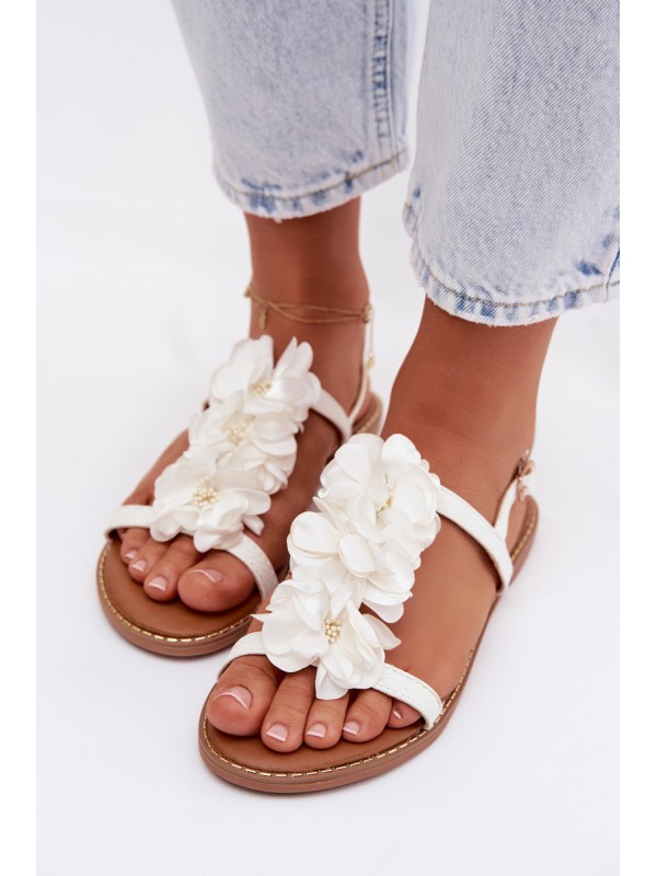Women's Flat Sandals With Decorative Flowers White Noemia