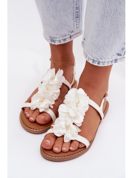 Women's Flat Sandals With Decorative Flowers White Noemia