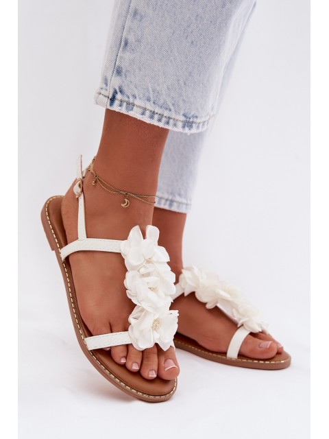 Women's Flat Sandals With Decorative Flowers White Noemia 2