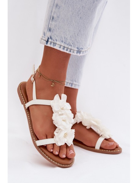 Women's Flat Sandals With Decorative Flowers White Noemia
