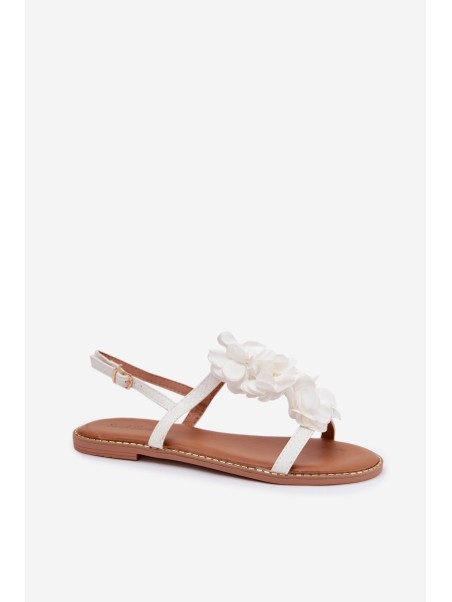 Women's Flat Sandals With Decorative Flowers White Noemia