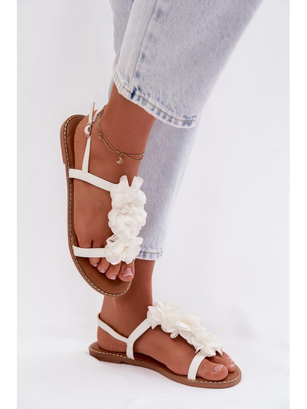 Women's Flat Sandals With Decorative Flowers White Noemia