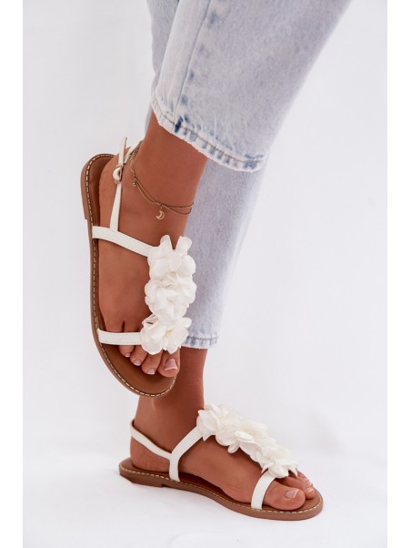 Women's Flat Sandals With Decorative Flowers White Noemia