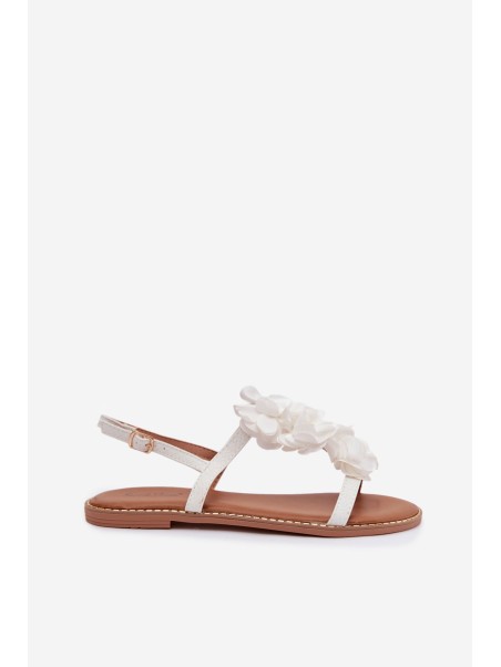 Women's Flat Sandals With Decorative Flowers White Noemia