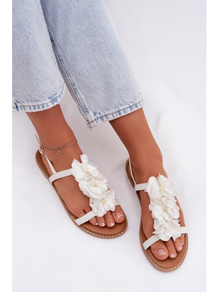 Women's Flat Sandals With Decorative Flowers White Noemia