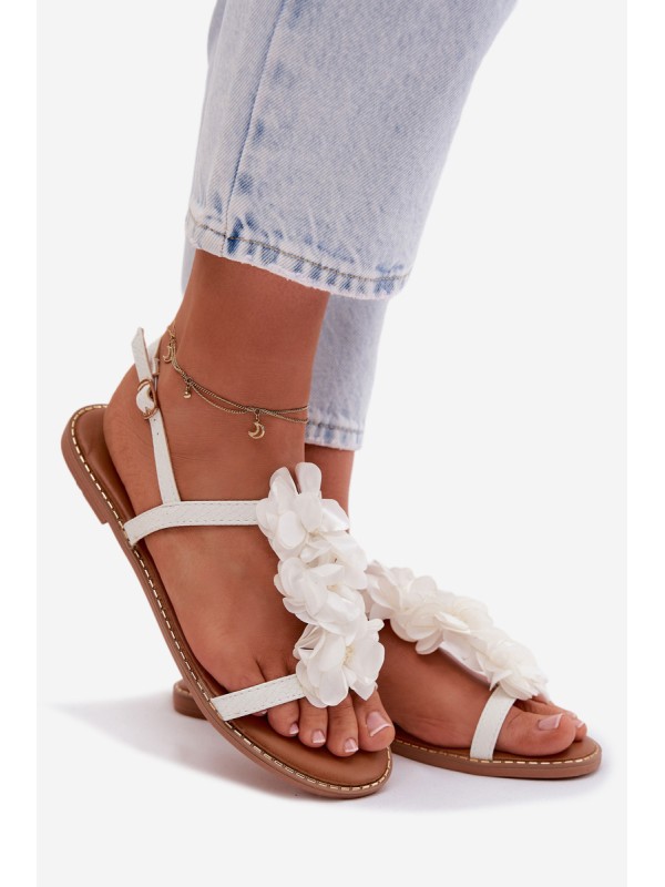 Women's Flat Sandals With Decorative Flowers White Noemia