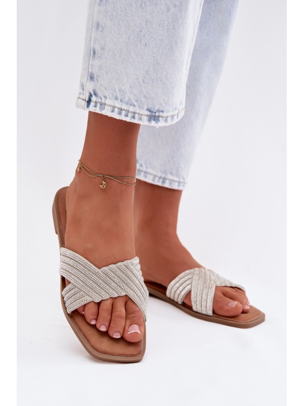 Women's Flat Silver Crystal Slides Zinnia 2