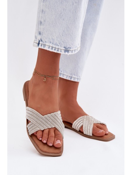 Women's Flat Silver Crystal Slides Zinnia