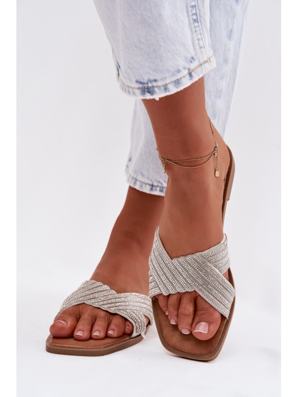 Women's Flat Silver Crystal Slides Zinnia