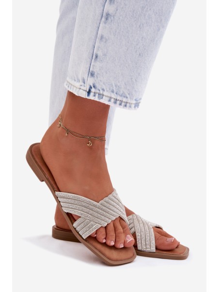 Women's Flat Silver Crystal Slides Zinnia