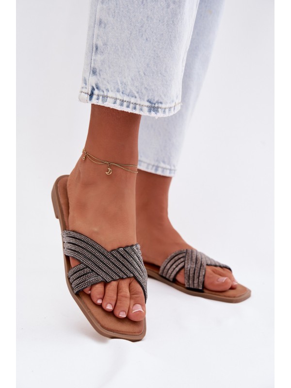 Women's Flat Heeled Crystal Black Slides Zinnia