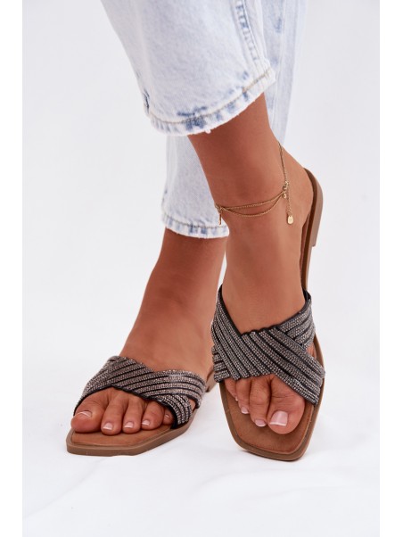 Women's Flat Heeled Crystal Black Slides Zinnia
