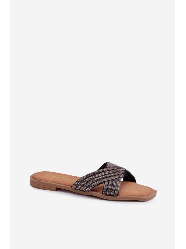 Women's Flat Heeled Crystal Black Slides Zinnia