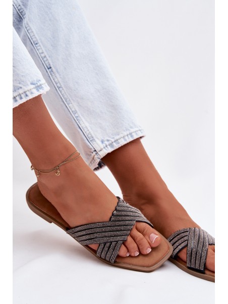Women's Flat Heeled Crystal Black Slides Zinnia