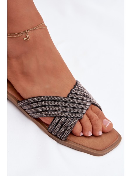 Women's Flat Heeled Crystal Black Slides Zinnia