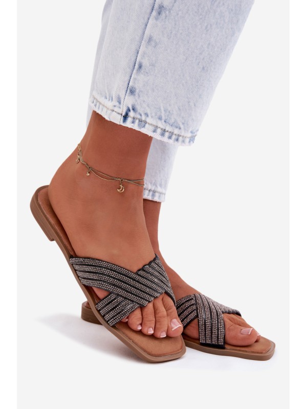 Women's Flat Heeled Crystal Black Slides Zinnia