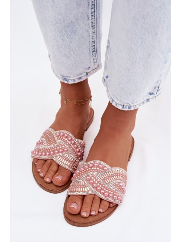 Decorated Women's Flat Pink Slides Dovima