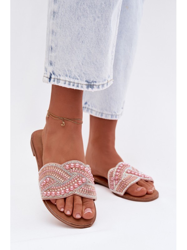 Decorated Women's Flat Pink Slides Dovima