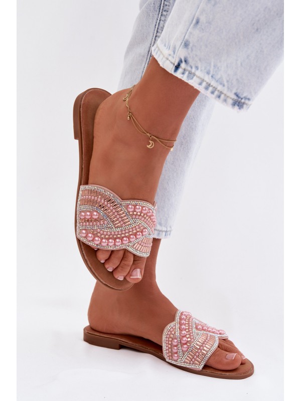 Decorated Women's Flat Pink Slides Dovima