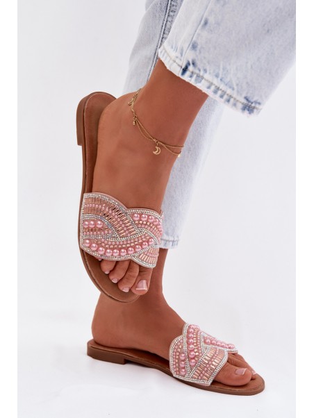 Decorated Women's Flat Pink Slides Dovima