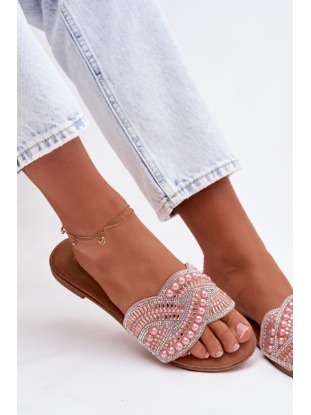Decorated Women's Flat Pink Slides Dovima